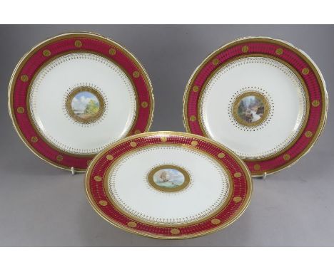 A group of three late nineteenth century Minton dessert wares, c. 1880. To include: a footed comport with shipping scene, and