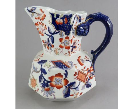 A nineteenth century iron stone hydra jug, possibly Masons, c. 1840. It is printed and hand-painted in colours. Marked to the