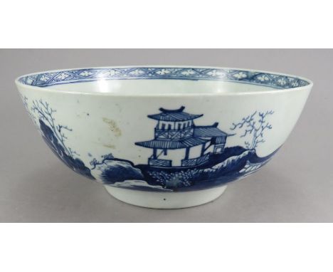 A mid to late eighteenth century blue and white hand-painted bowl, possibly Worcester, c. 1770. It is decorated with chinoise