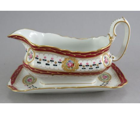 A nineteenth century superb quality hand-painted German Carl Magnus Hohenberg porcelain sauce boat on fixed stand with raised