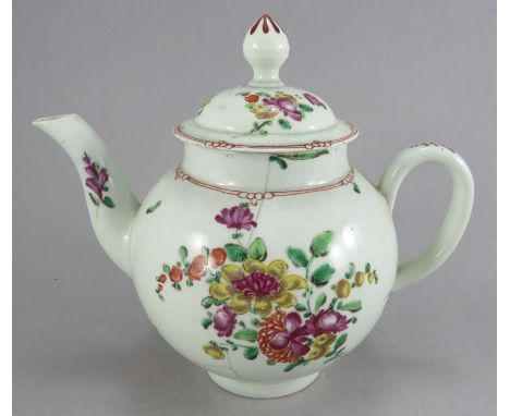 An eighteenth century hand-painted porcelain Worcester globular-shaped teapot and cover, c. 1760. 19 cm long.Condition: crack