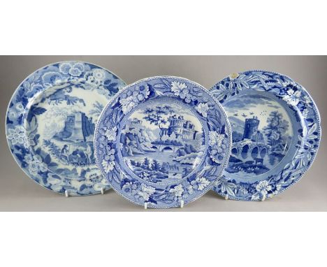 A group of three blue and white transfer-printed plates, c. 1825. To include: A Don Pottery Named Italian Views plate, a Brid