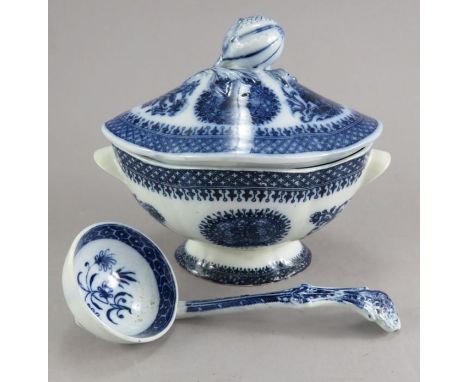 A late eighteenth century blue and white transfer-printed Swansea Cambrian Fitzhugh pattern sauce tureen, cover and ladle, c,