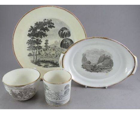 A group of early nineteenth century bat printed wares, c. 1815-25. To include a marked M Mason rural scene plate, a cup, coff