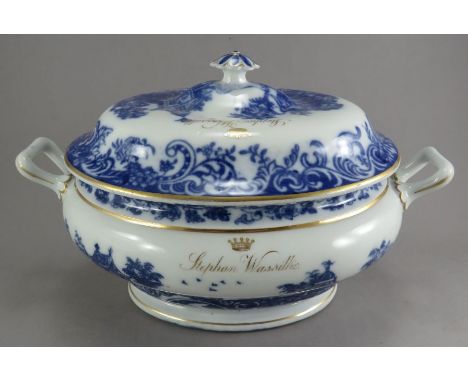 A flow blue and white transfer-printed large soup tureen with dedication, c. 1850. The side and lid bear the gilded inscripti