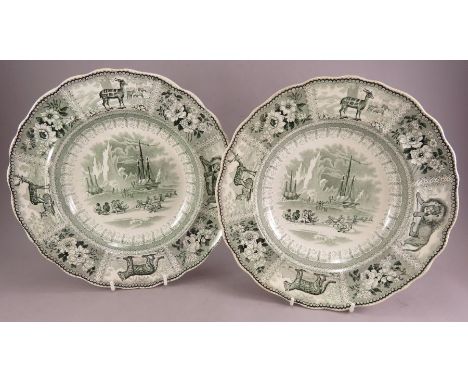A pair green and white transfer-printed Arctic Scenery series soup dishes, c. 1840. Each is printed with a snow scene with a 