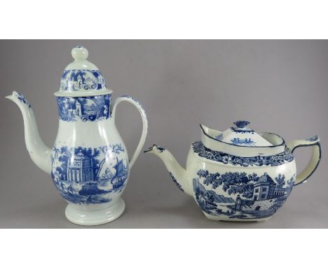 An early nineteenth century blue and white transfer-printed coffeepot and teapot, c. 1820. The coffeepot is printed with; Nea