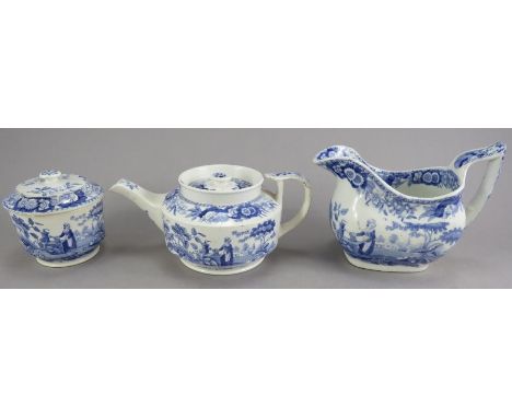 A group of early nineteenth century blue and white transfer-printed Spode Girl at the Well pattern wares, c. 1825. To include