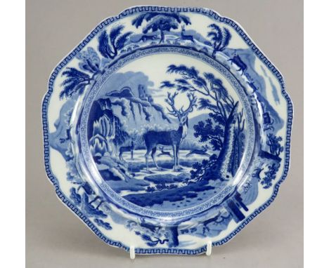 A blue and white transfer-printed Minton Bewick Stag pattern side plate, c. 1820. It is decorated with a stag taken from an e