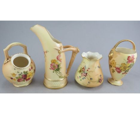 A group of early twentieth century Royal Worcester blush ivory wares, c. 1910-30. To include: a squat vase, a handled vase, a