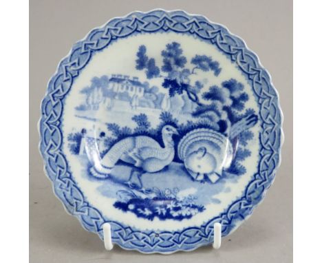 A blue and white transfer-printed Don Pottery Turkey pattern small-size plate, c. 1820. It is unmarked. 11.5 cm wide. Conditi