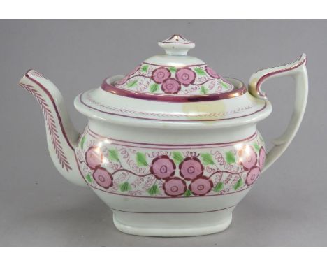 An early nineteenth century pink lustre decorated floral teapot and cover, c. 1825. 24 cm long. (1)Condition: Overall stainin