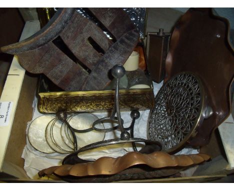 Box of assorted collectable's including a brass cigarette case, ivorine napkin rings, Mother of pearl coasters, small brass t