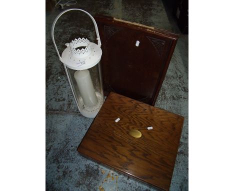 White painted metal garden style lantern with candle, oak rectangular tray and an oak canteen case (3)