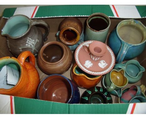 Large selection of studio ware ceramics, jugs, vases etc and a Wedgwood candlestick and Wesuma orange uraniamin oxide glazed 