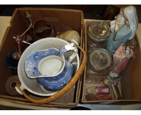Blue and white ceramic jug pale urban ware jug, various studio ware, stone hot water bottle, 1920s chromed centre light fitti