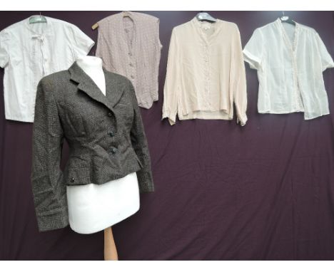 A collection of four vintage blouses and a suit jacket, predominantly circa 1950s.