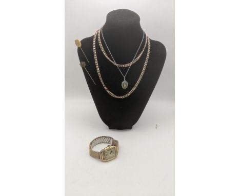 A mixed lot to include a yellow gold stick pin tested as 9ct engraved with initials 1.1g, together with a gold plated gent's 
