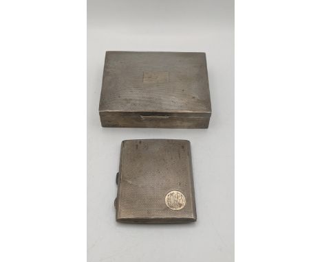 A silver cigarette case with engine turned design having a gilt interior 83.9g, together with a cigarette box having an engin
