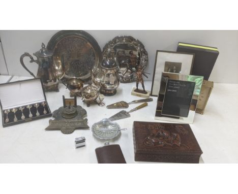 A mixed lot of metalware, mostly silver plate together with a brass table top ink pot, a John Lewis photo frame and others an