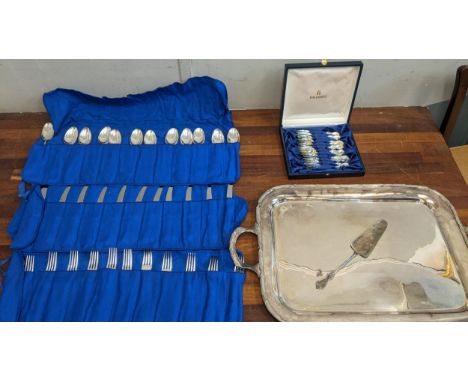 A collection of silver plated items to include Hall Berg Swedish flatware in silver plated tray and a cake shovel Location:If