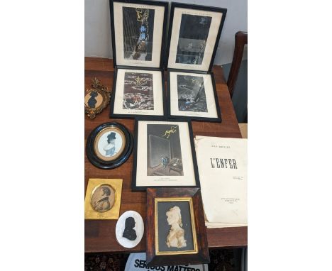 A collection of framed pictures to include three silhouettes, a framed Victorian wax portrait and other itemsLocation:If ther