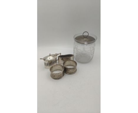 Silver items to include a preserve pot having an etched floral design and silver lid, hallmarked Birmingham 1920, together wi