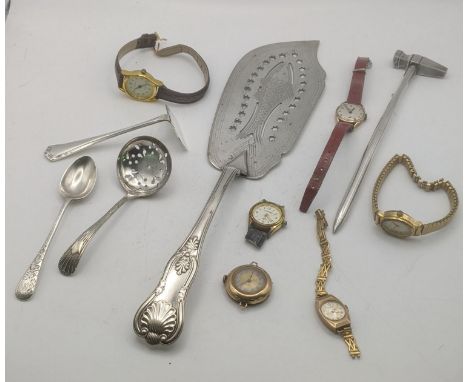 Two 9ct gold cased ladies wristwatches, one with a Dennison (case back 2.3g), a silver teaspoon and silver plated flatwareLoc