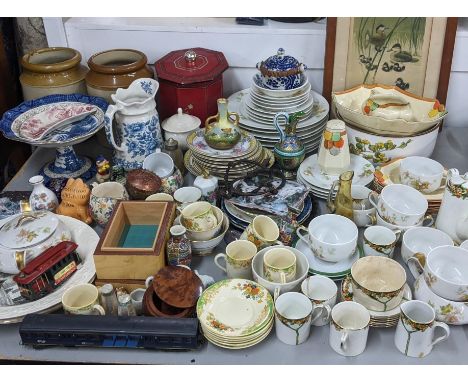 A mixed lot to include an Alfred Meakin art deco part coffee set, flatware flagons Doulton squat formed vase and other itemsL