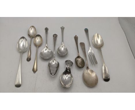 A quantity of silver teaspoons and a decorative tea caddy spoon made by Oliver and Bower, hallmarked Sheffield 1958 and other