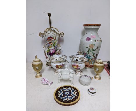 A selection of English and continental ceramics, mainly 19th century to include a pair of Coalport cabinet pots and covers, a
