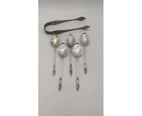 Silver to include a set of five Mappin & Webb apostle teaspoons together with a pair of sugar tongs, 111.6gLocation:If there 