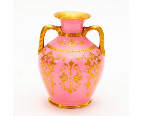 Depicts double handled vase with gold gilt body and pattern over light pink coloration; gold gilt handles.Wedgwood backstamp 