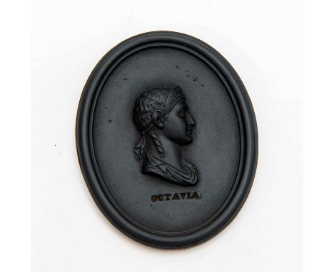 Black medallion featuring a cameo bust of Octavia with name impressed below portrait.Wedgwood impressed to back. Issued: 19th