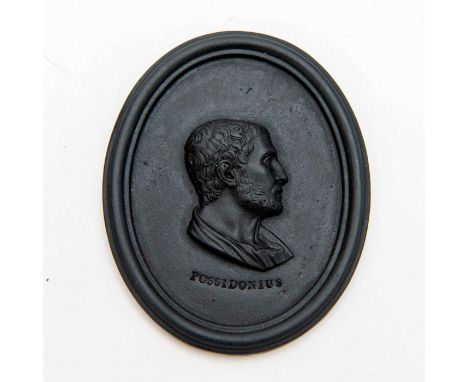 Black medallion featuring a cameo bust of Possidonius, Greek politician, with name below portrait.Wedgwood impressed to back.