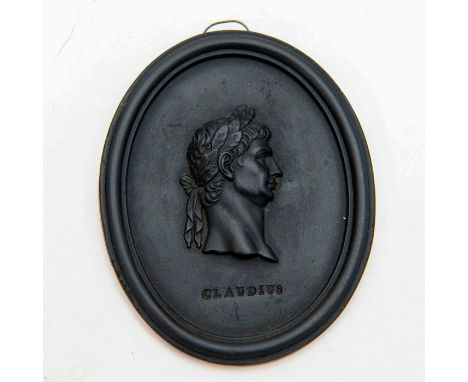 Black medallion featuring a cameo bust of Claudius, Roman emperor, with name below portrait.Wedgwood &amp; Bentley impressed 