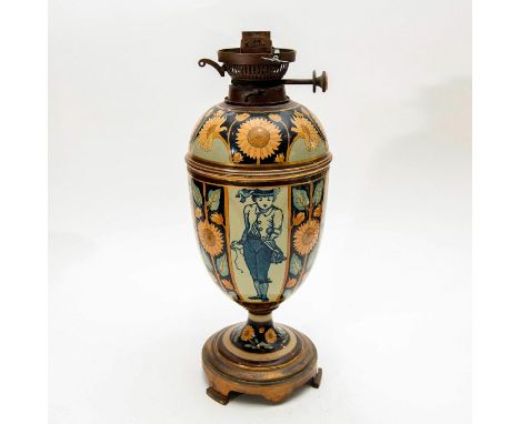 A transferware porcelain table lamp with removable top. Depicts children playing and panels of sunflowers.Hinks and Son's Pat