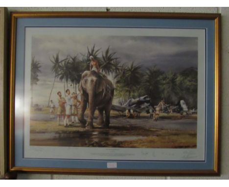 A framed and glazed limited issue print 50/350 'Puttalam Elephants' by Robert Taylor, numerous signatures. Size - 84x62cm app