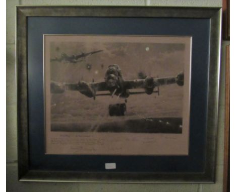 A framed and glazed limited edition pencil print 'Bomb Away' 'The Third Assault' 18/25, numerous signatures. Size - 72x63cm a