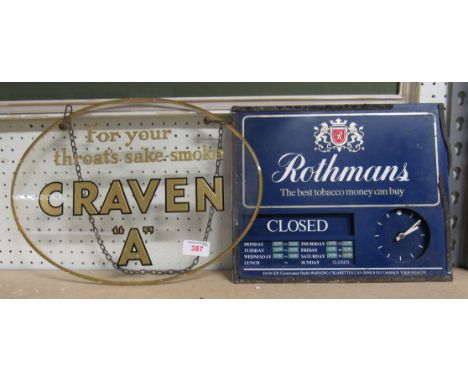 A genuine glass Craven A wall hanging display sign - for your throat's sake - smoke Craven 'A' plus a Rothman's plastic displ