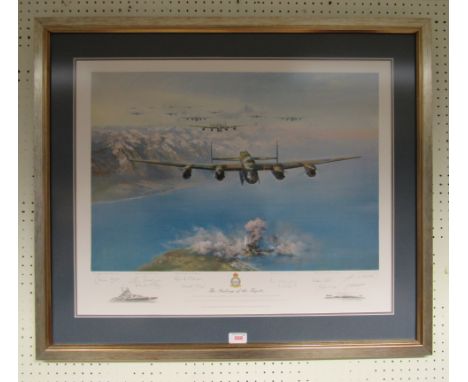 A framed and glazed limited print 477/850 - 'The Sinking of the Tirpitz' by Frank Wootten, numerous signatures. Size - 83x70c