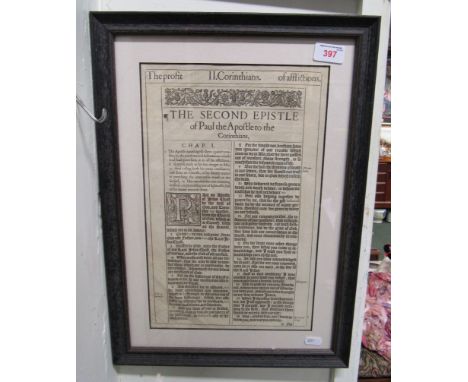 A framed page from King James Bible First Edition 'The Second Epistle of Paul the Apoftle to the Corinthians' with certificat