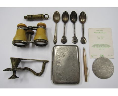 A pair of opera glasses together with an arrow marked military whistle (1954) and other collectibles. 