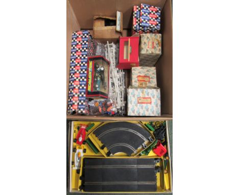 Scalextric set together with track, extra cars, five buildings etc.
