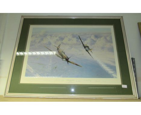 A framed glazed signed print by Robert Taylor 'Combat Over London'. Size - 100x77cm approx.