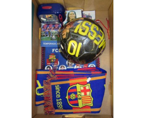 A collection of FC Barcelona football memorabilia, to include a football, scarf, working clock etc.