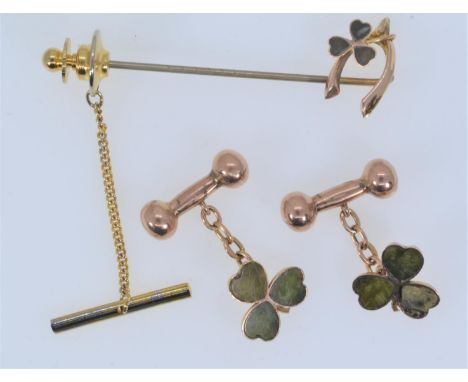 Pair of 9ct rose gold & green stone set shamrock cufflinks, gross weight 3.32 grams, together with a stick pin with 9ct gold 