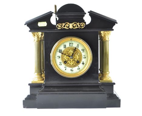 Ornate black marble Victorian four pillar mantle clock, ser 819848, H31.5cm W28.5cm D15cmNo key 