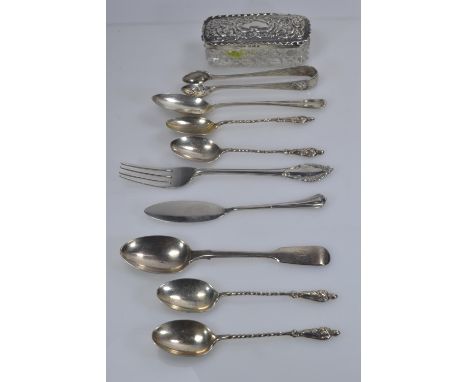 Ten pieces of variously hallmarked silver, including set of four Edwardian apostle coffee spoons, pair of sugar nips, two tea