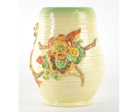 Clarice Cliff Newport 'My Garden' ribbed vase, applied with relief & printed marks, numbered 899 L/8, 21cm highCondition good